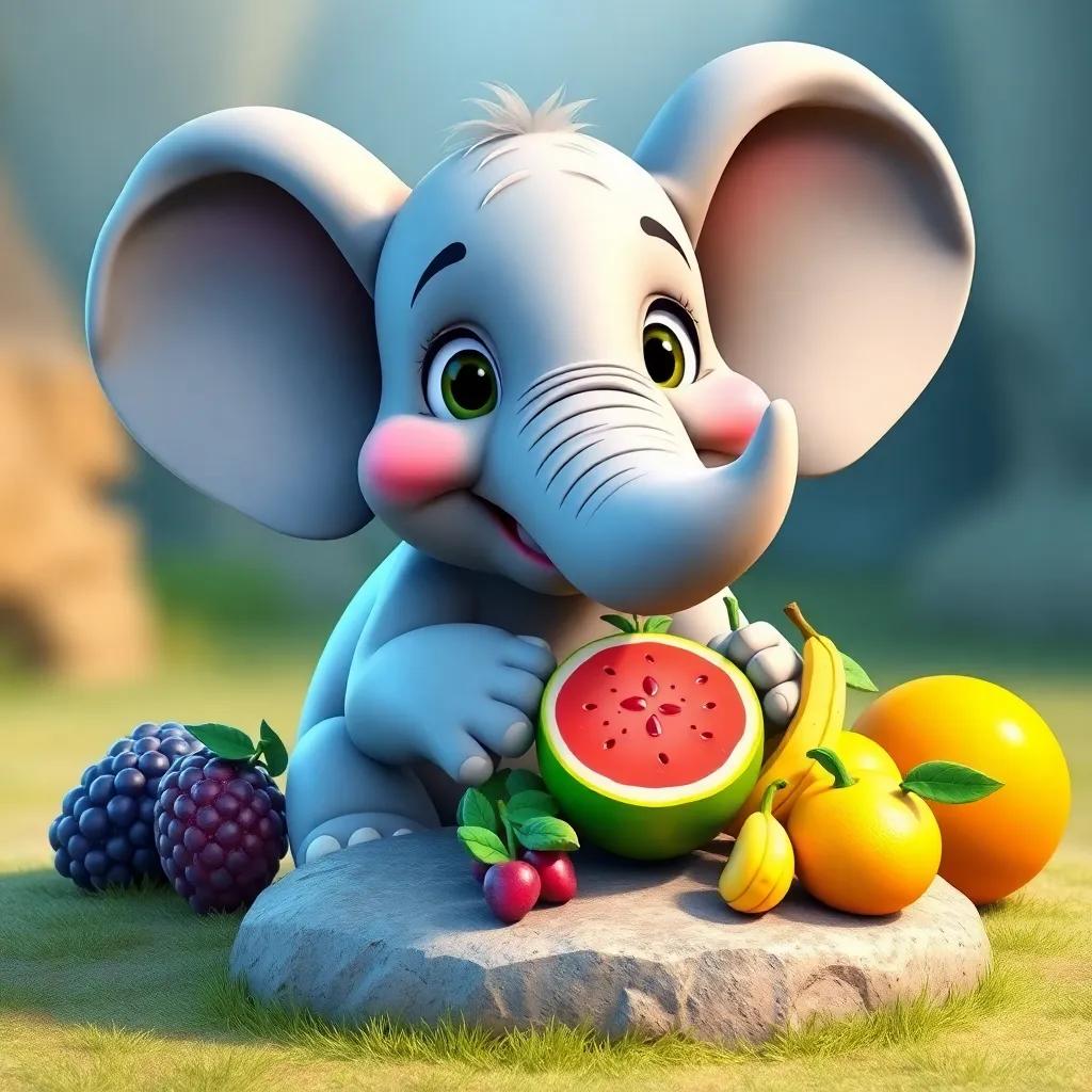 Ellie the elephant, a gray elephant with large ears, joyfully presenting big juicy fruits, with a flat stone serving as a table, colorful and friendly, heartwarming