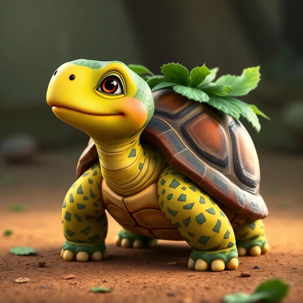 Tina the tortoise, a wise old tortoise with a patterned shell, carrying leafy greens on her back, smiling at the other animals, detailed detail, colorful and kind
