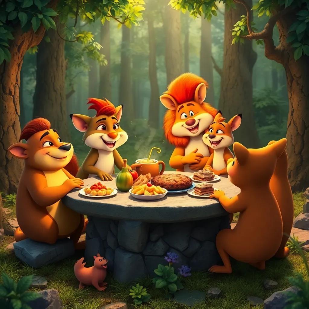 The animals gathered around a stone table with delicious food, sharing stories and laughs in the forest, joyous and colorful ambiance, great quality