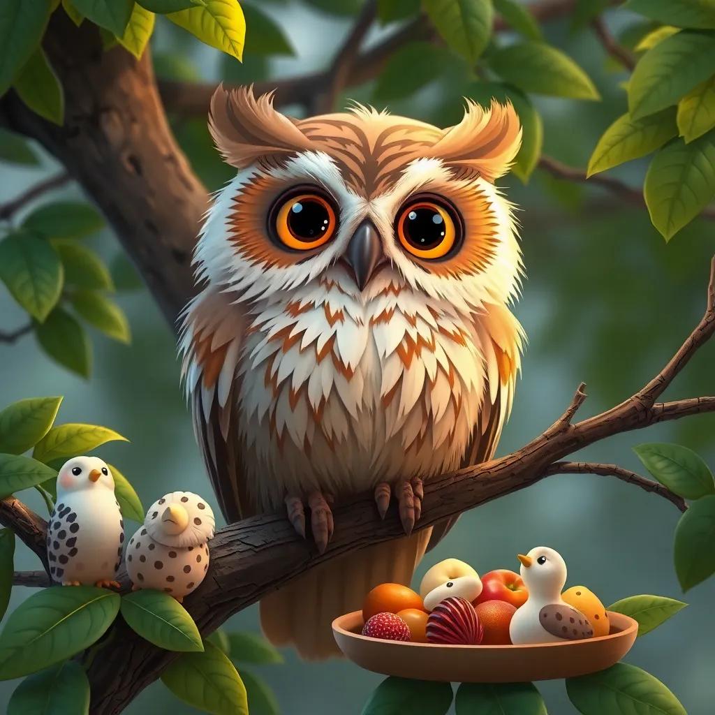 An old wise owl perched on a branch, watching the animals enjoy their feast, surrounded by green leaves, serene and wise expression, high quality