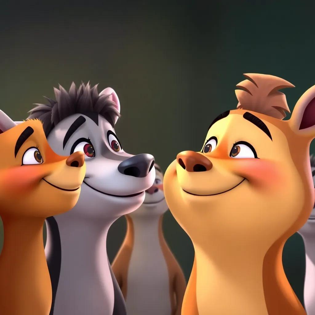 A close-up of the animals smiling and nodding, understanding the message of friendship and sharing, warm colors, heartfelt scene, great detail