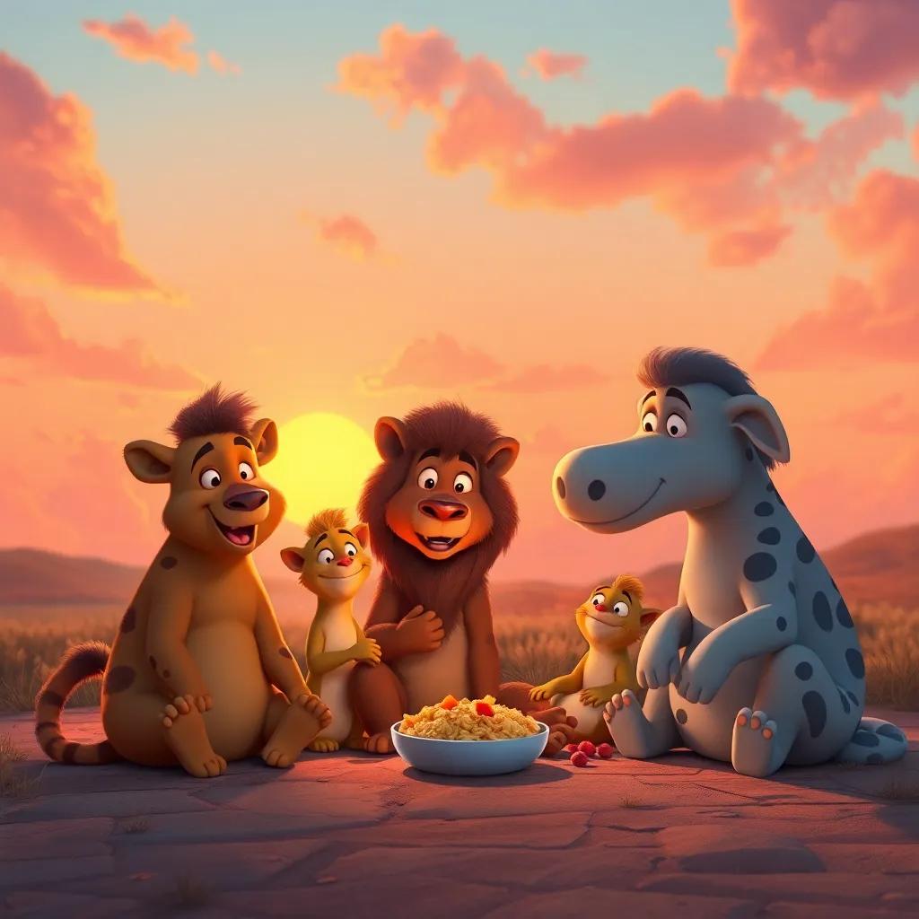 The animals sitting together, enjoying food as the sun sets, painting the sky in orange and pink hues, magical atmosphere, vibrant