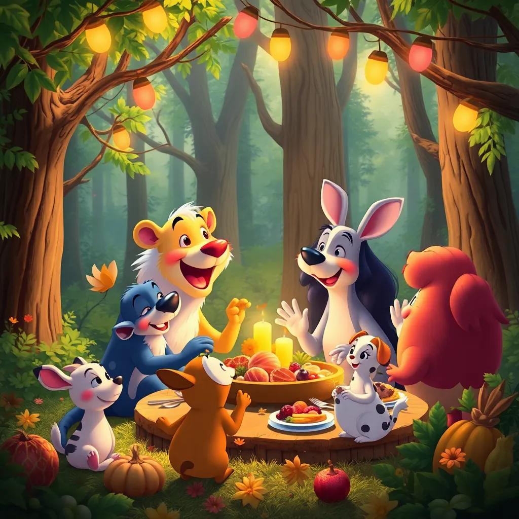 The forest filled with laughter and love, as the animals continue to enjoy their feast, showcasing their bonds of friendship, joyful and colorful setting