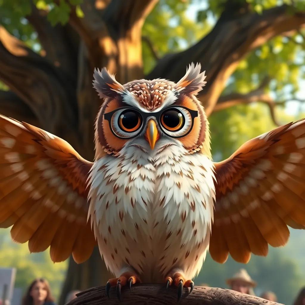 A wise old owl, Oliver, with deep brown and white feathers and glasses, is conducting the orchestra under the oak tree with outstretched wings, digital painting, warm light, inviting, close-up, high quality