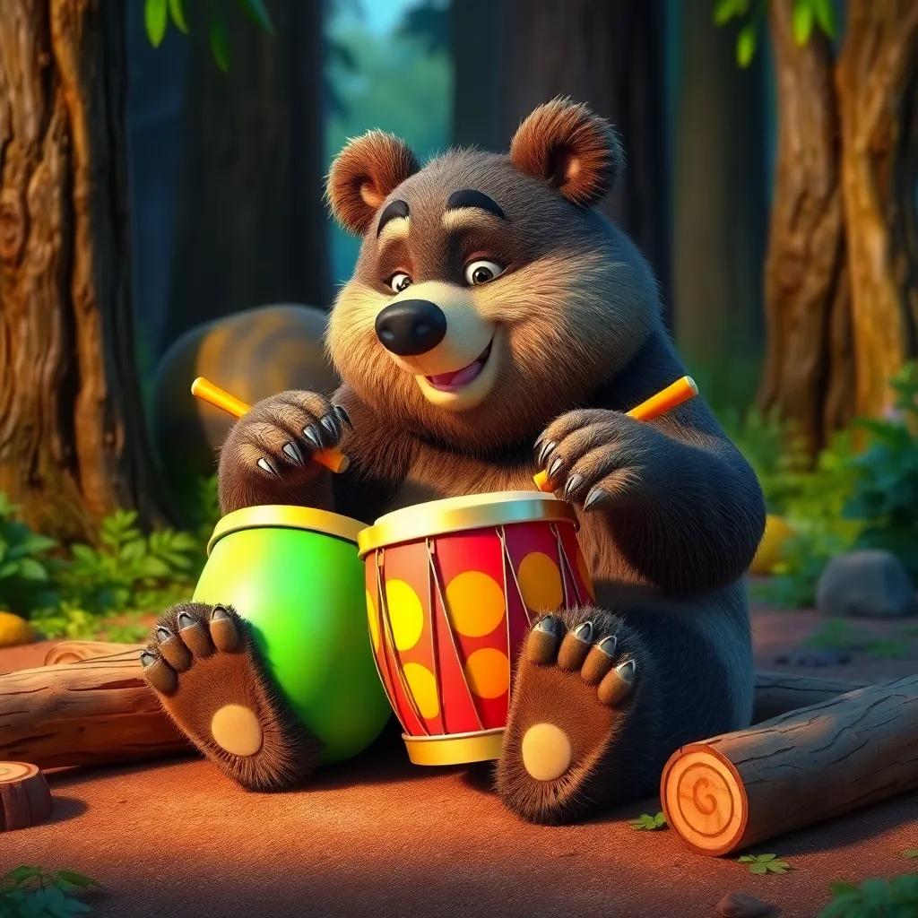 A large furry bear, Benny, is sitting on the ground with wooden logs around him, playing vibrant drums with his big paws, cheerful woodland setting, colorful, engaging, detailed, medium shot, high quality