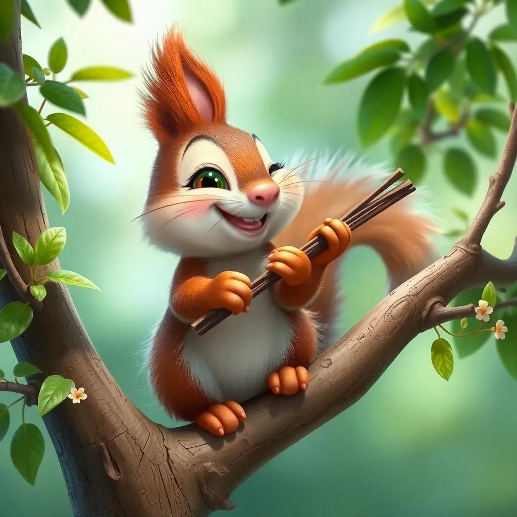 A playful squirrel, Sally, perched on a tree branch, plucking sticks while smiling joyfully, surrounded by green leaves and tiny flowers, bright colors, whimsical atmosphere, close-up, high quality