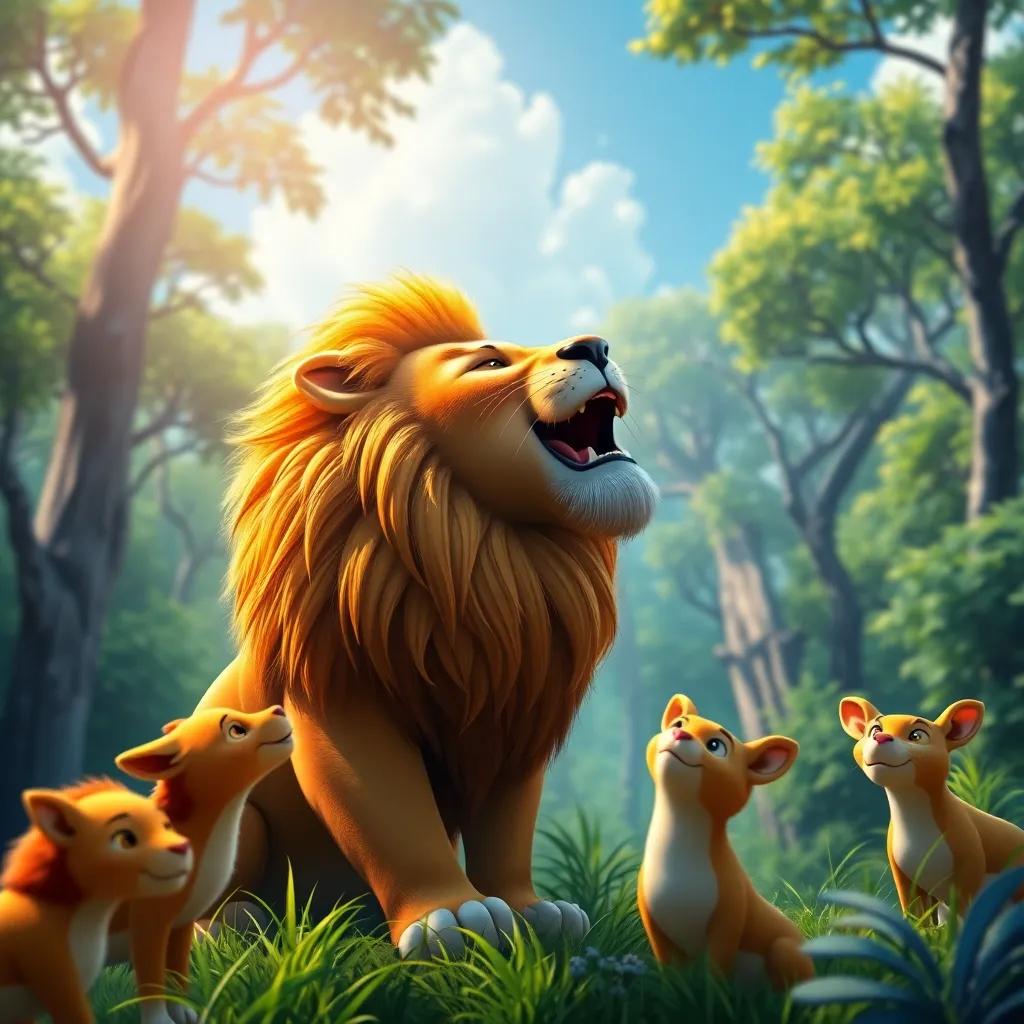 A majestic lion, Leo, with a golden mane, roaring a melodious tune with forest animals listening intently, amidst a backdrop of lush greenery and blue sky, vivid colors, uplifting scene, medium shot, high quality