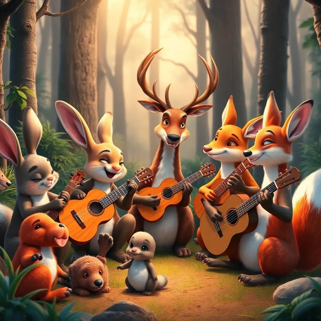 A group of forest animals working together, laughing and supporting each other, learning to play their instruments, various animals including rabbits, deer, and foxes, warm light, camaraderie atmosphere, engaging, wide shot, high quality