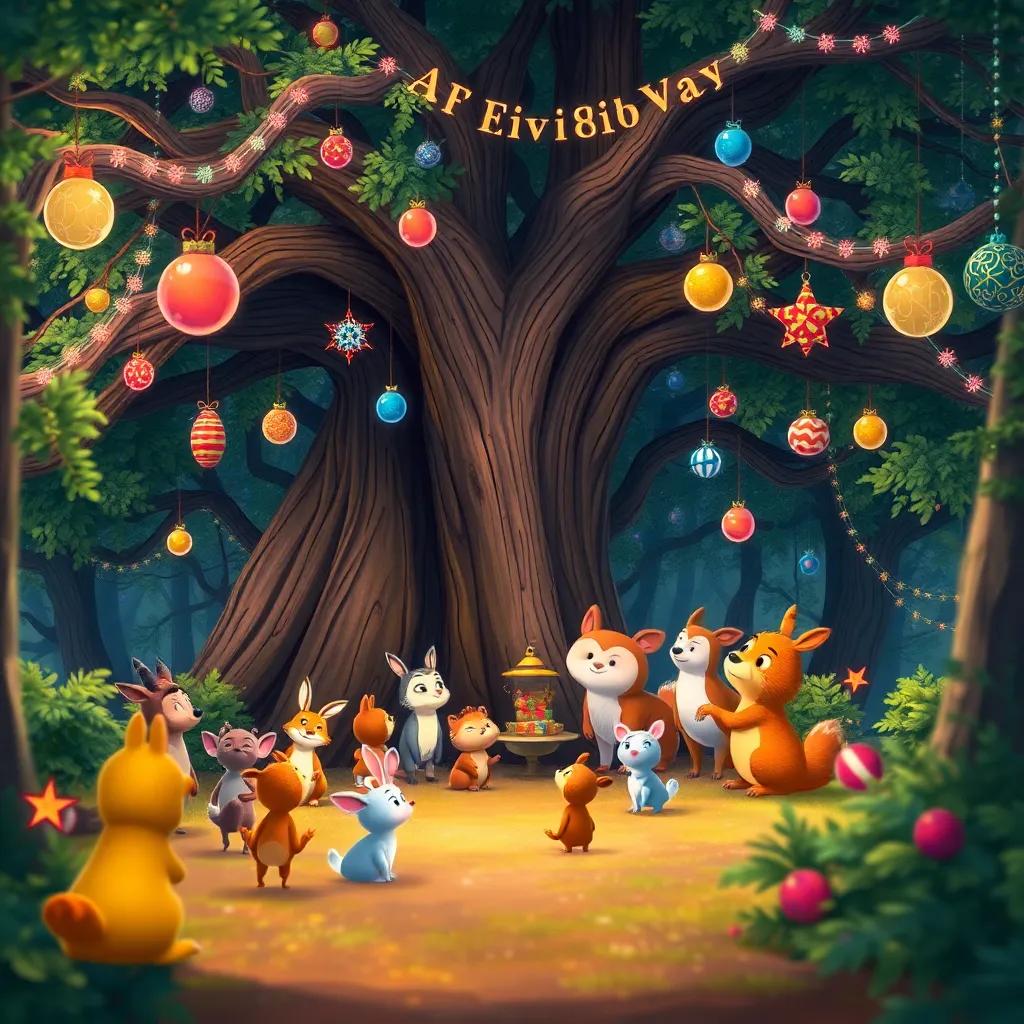 A festive gathering in the forest under the oak tree, all the animals watching in anticipation, vibrant decorations hanging from branches, lively colors, magical feeling, far shot, high quality