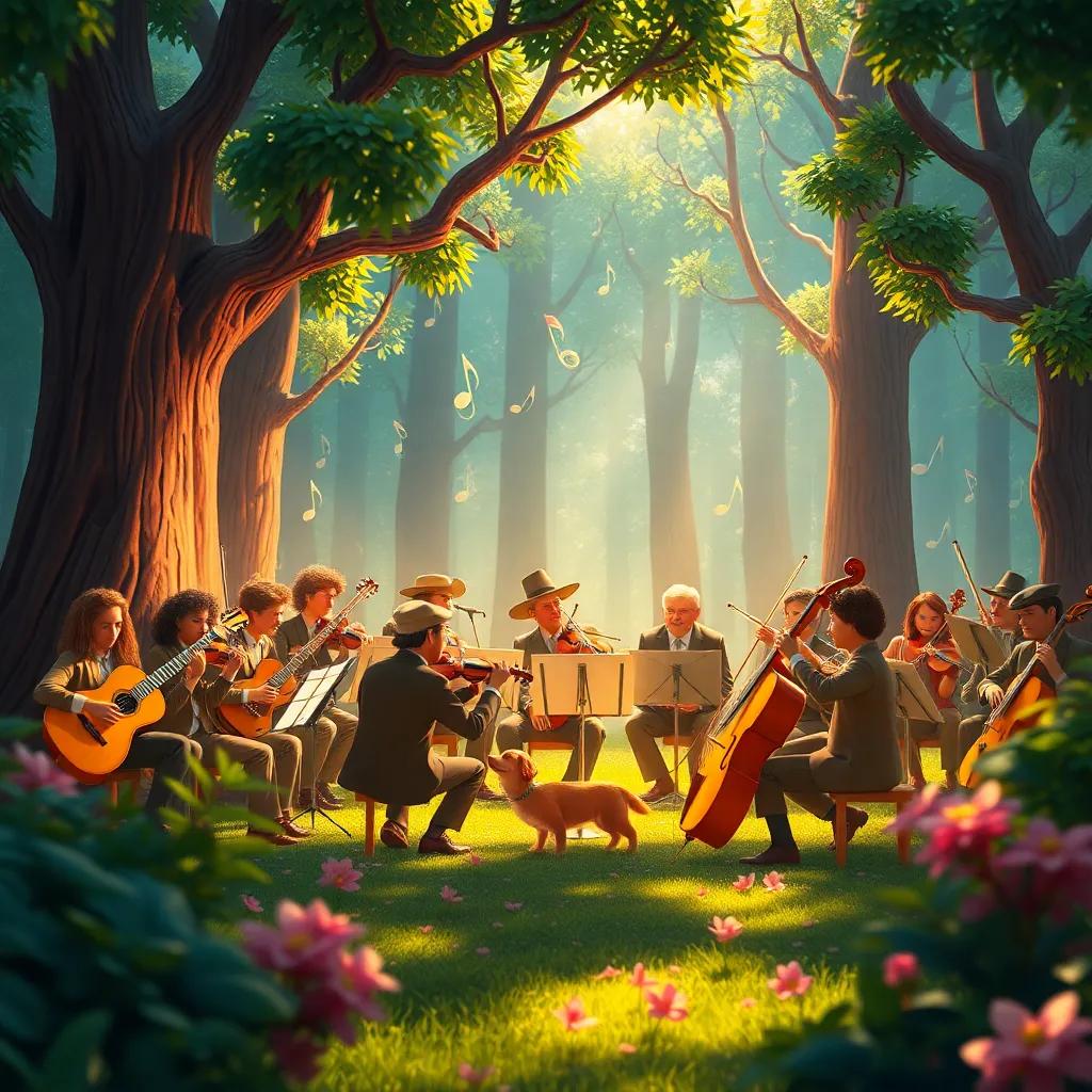 An enchanting scene of the Great Forest Orchestra playing together, music notes floating in the air, the forest resonating with harmony, pure joy all around, brilliant colors, dynamic scene, wide shot, high quality