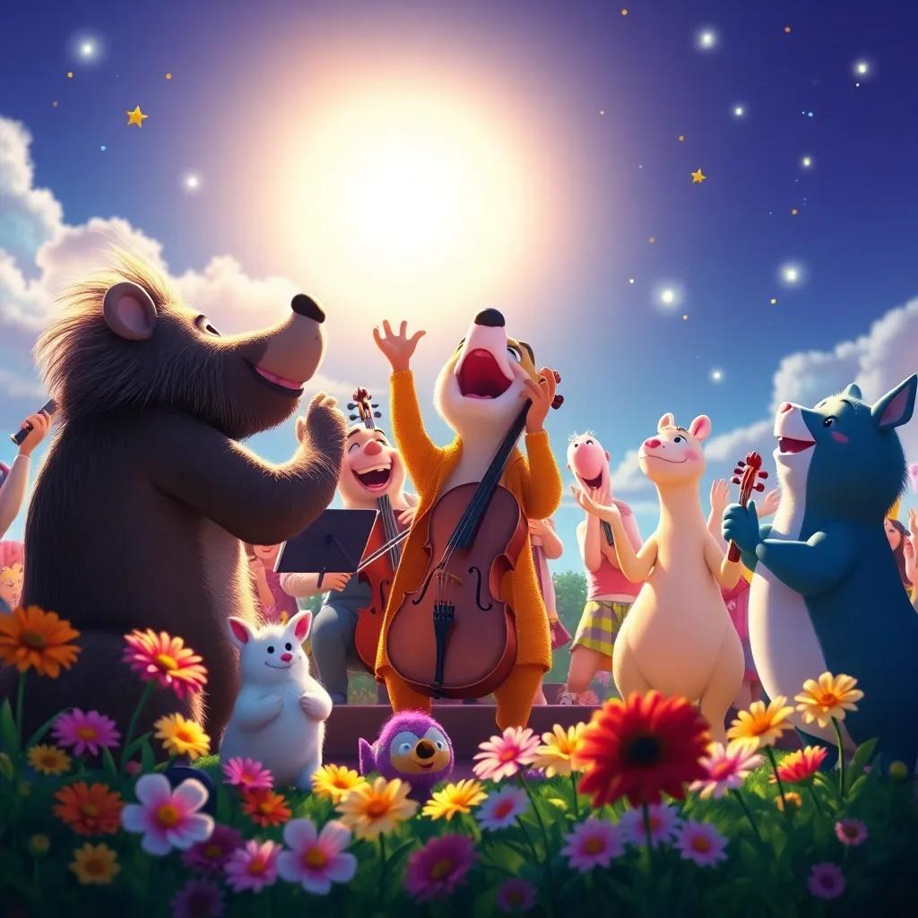 A joyous moment when the orchestra performs, all animals celebrating and dancing, colorful flowers under the bright sky, cheerful energy, high quality