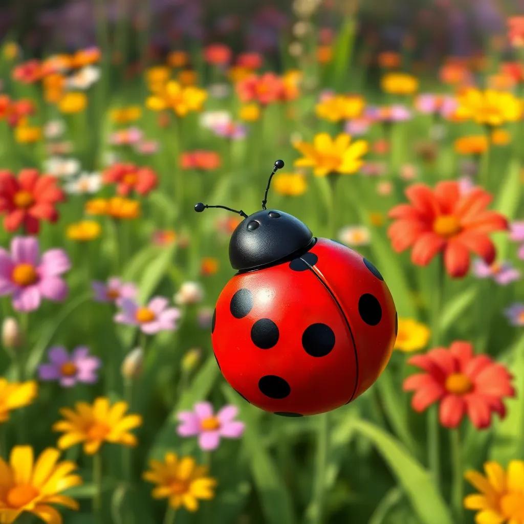 A lovely ladybug named Lily with bright red wings and black spots, happily flying in a big green garden full of flowers, vibrant colors, cheerful atmosphere, digital art, high quality