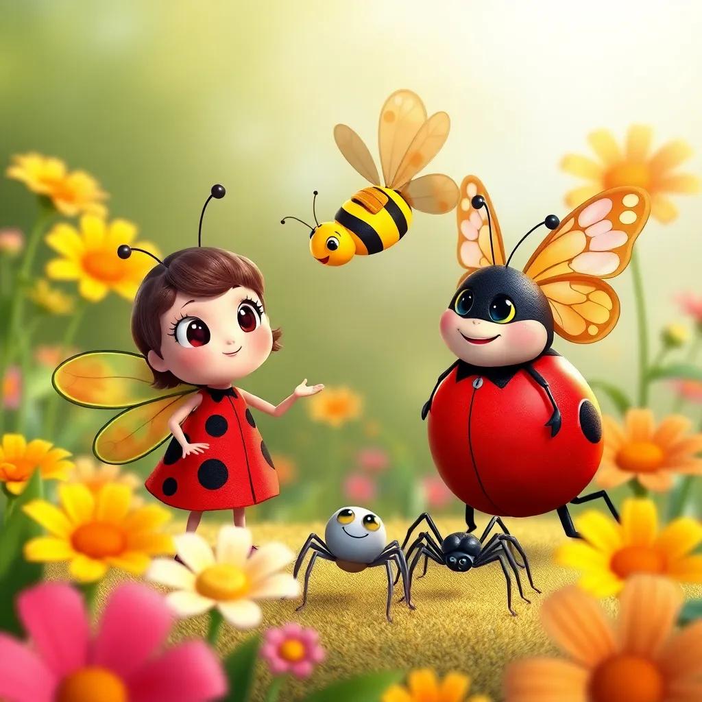 Lily, the ladybug, inviting Max the bee with golden stripes, Gina the butterfly with colorful wings, and Carl the spider with tiny legs, colorful flower surroundings, playful scene, illustration, warm light, child-friendly