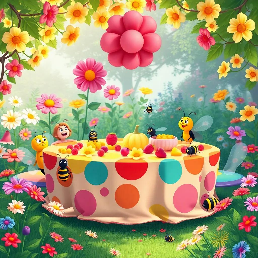 A joyful garden party scene with a big colorful table filled with sweet nectar and fruit bits, surrounded by blooming flowers, happy insects gathered around, cheerful setting, bright colors, digital illustration