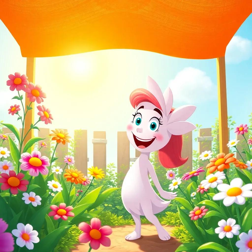 A sunny day in the garden with Lily welcoming her friends with a big smile, sun shining, flowers blooming, vibrant and inviting atmosphere, cheerful style, high detail