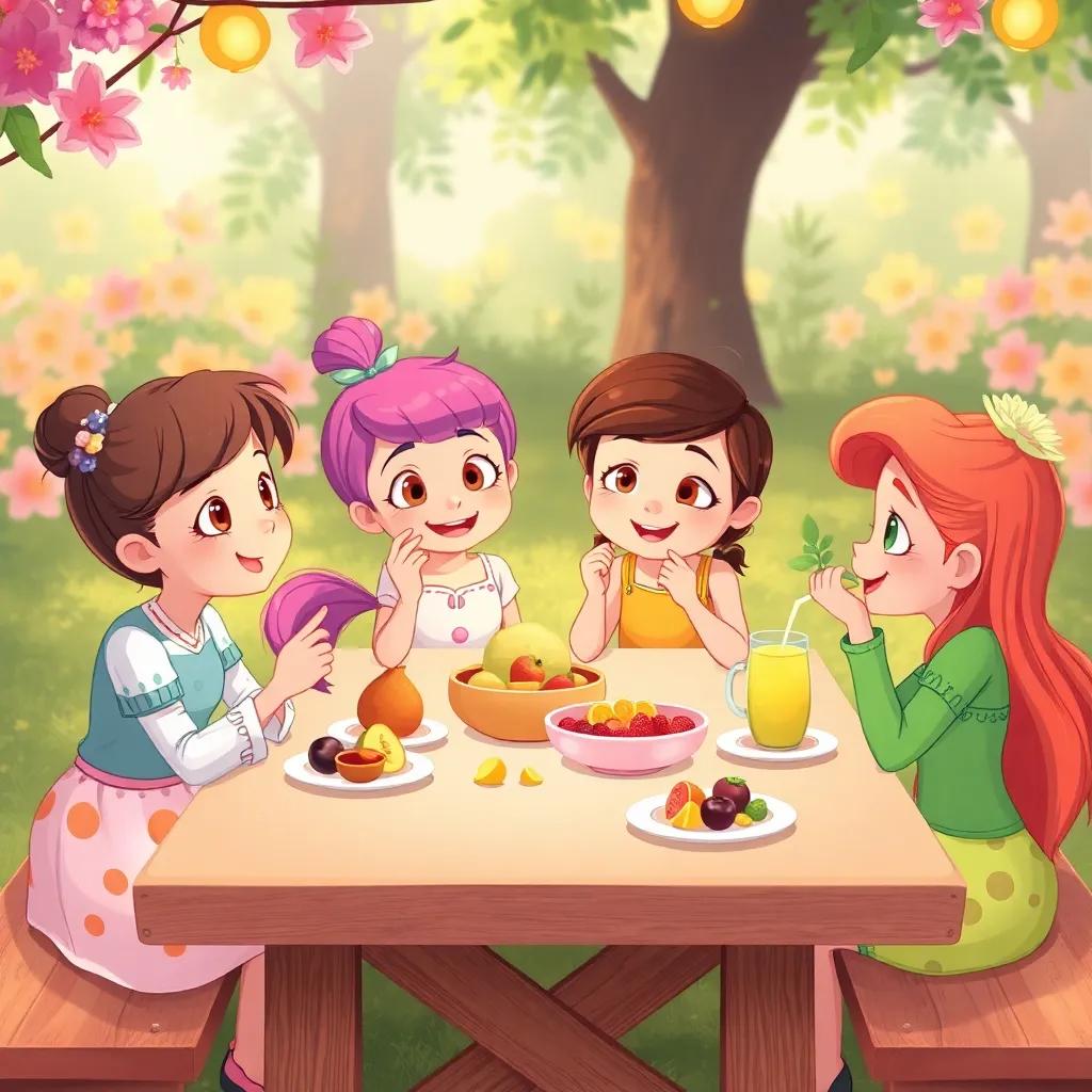 A lovely picnic scene with Lily and her friends sitting together at the table, eating sweet nectar and fruit pieces, sharing stories, warm and inviting atmosphere, colorful illustration
