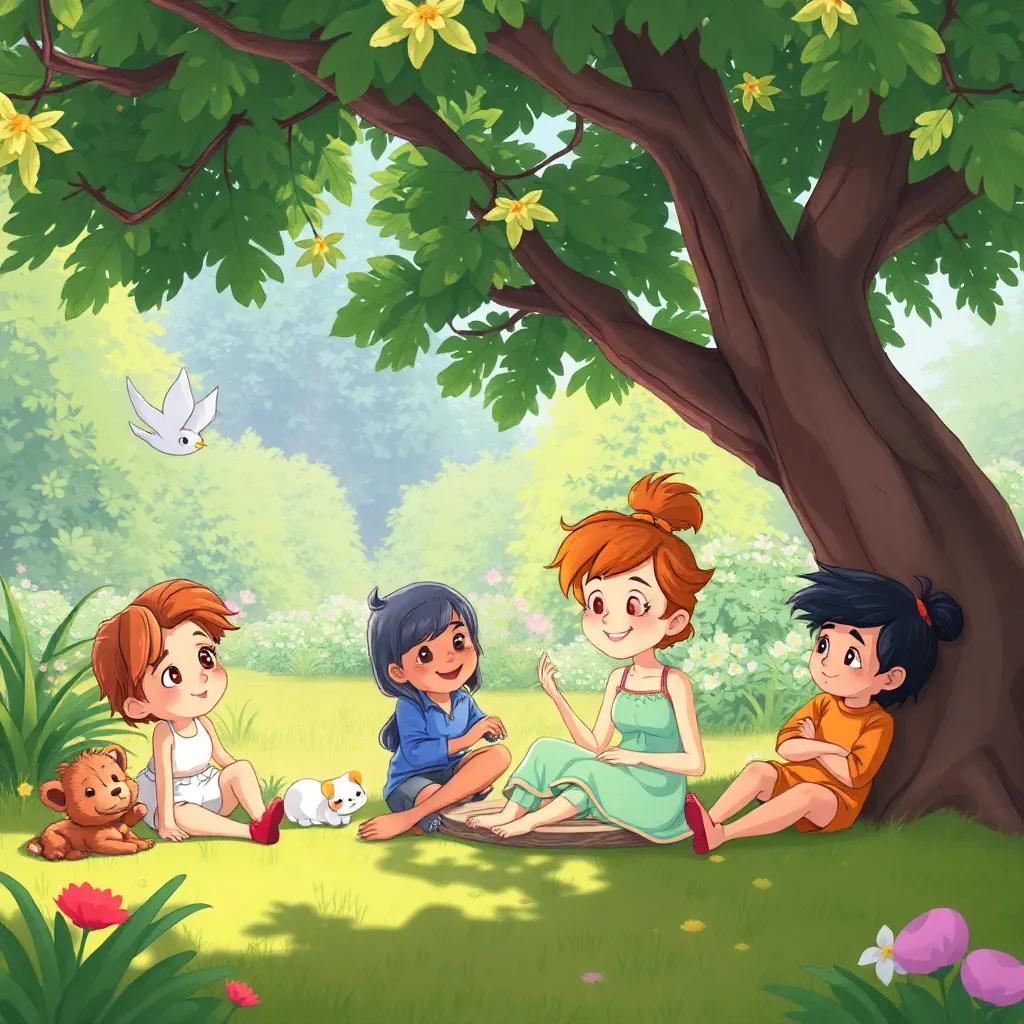 Lily resting under a shady tree with her friends, sharing favorite parts of the party, a warm breeze blowing, peaceful garden background, heartwarming scene, soft colors, playful illustration