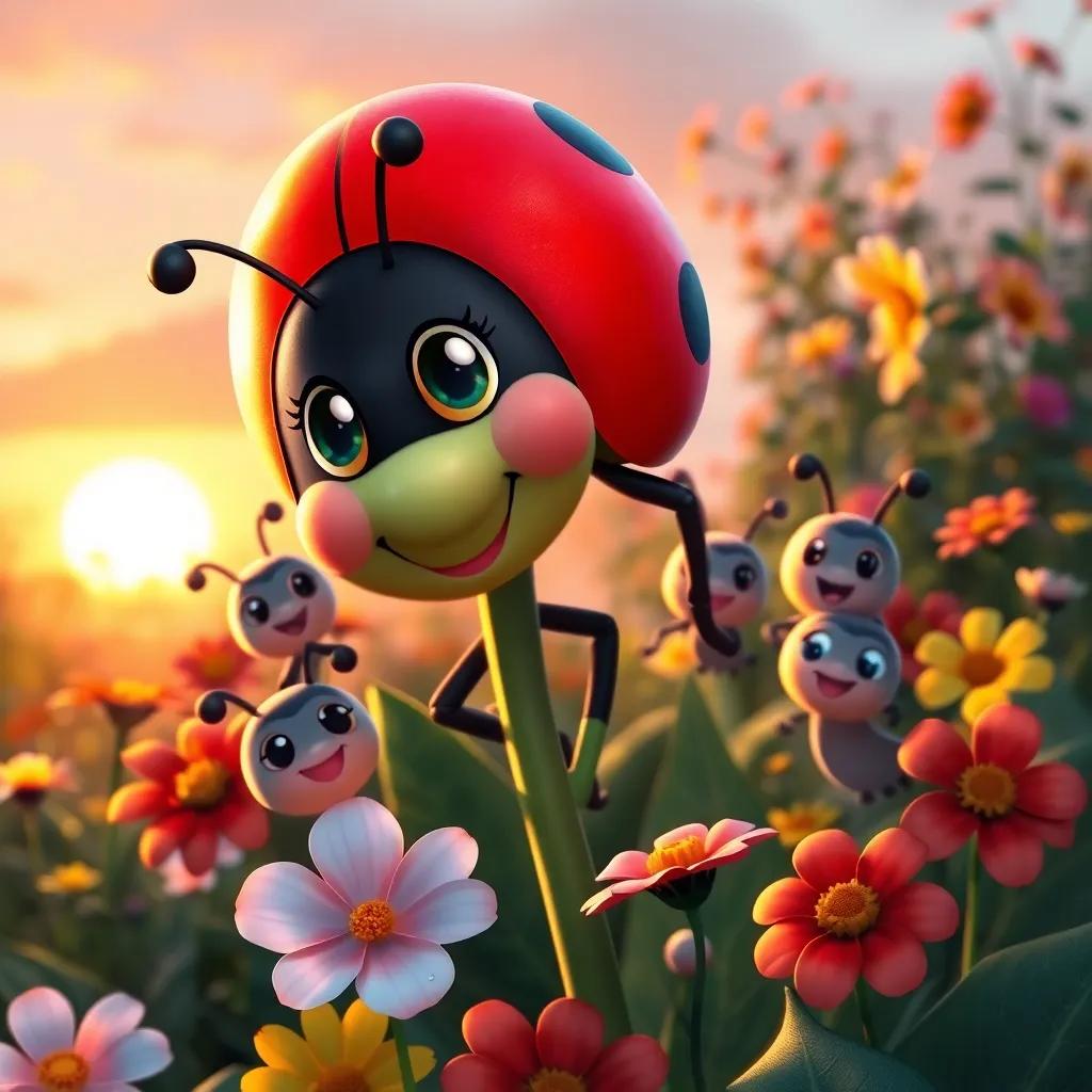 Lily, the ladybug with a happy smile, surrounded by her friends in the beautiful garden at sunset, soft golden light, joyful ambiance, colorful flowers in the background, captivating illustration
