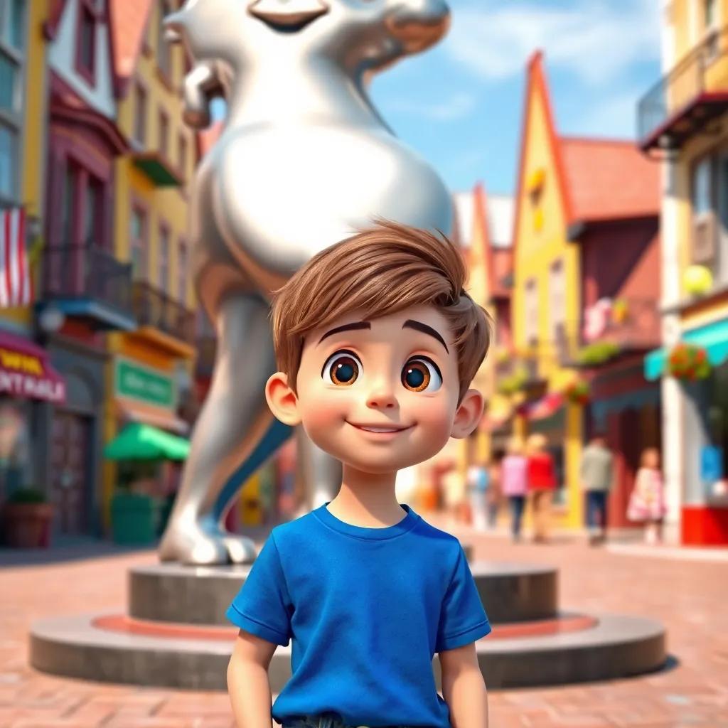 A young boy named Max with short brown hair, wearing a blue t-shirt and jeans, standing in front of a shiny metallic statue in a vibrant town square, digital art, vivid colors, cheerful atmosphere, high quality