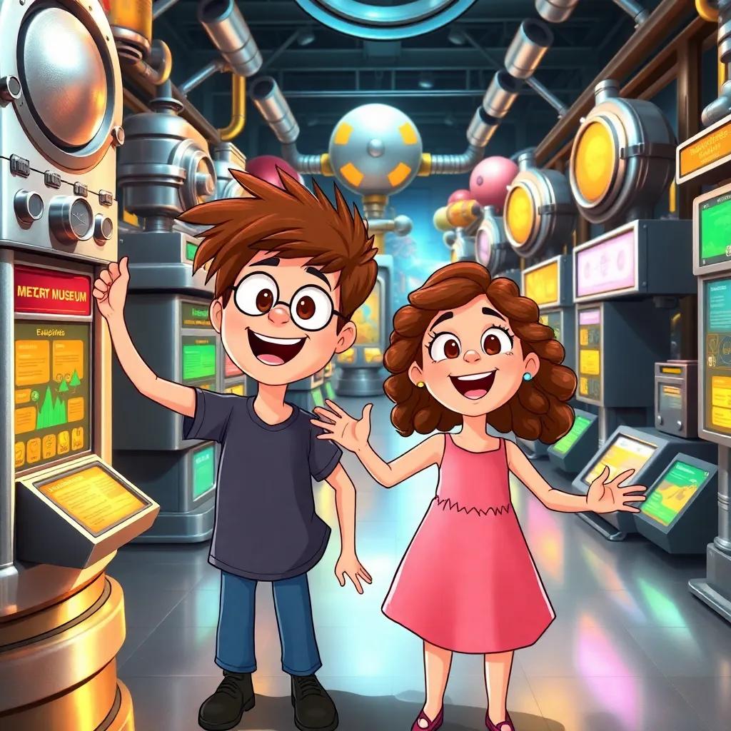 Max and a girl named Sally, with long curly hair wearing a pink dress, excitedly exploring an interactive Metal Museum filled with shiny metal displays and colorful information panels, illustration, bright and inviting, adventurous, child-friendly