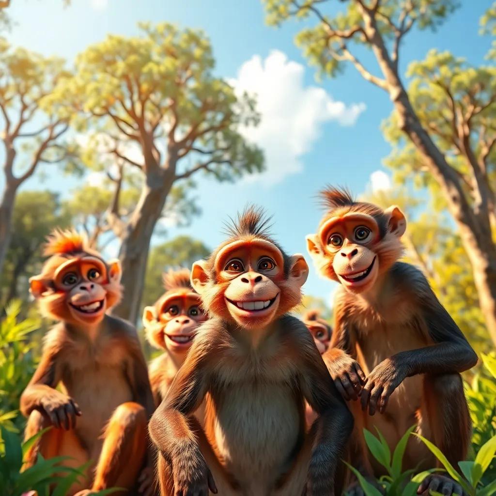 A group of playful monkeys, led by Moko with a cheeky smile, planning their heist under tall acacia trees, bright and sunny day, colorful jungle, playful atmosphere, digital art, cheerful, vibrant colors, high quality