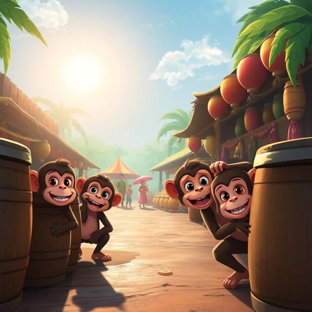 Moko the monkey and his friends sneaking towards the bustling market, hiding behind barrels, the early morning sun shining, monkeys with excited expressions, illustration, adventure-themed, child-friendly, lively scene