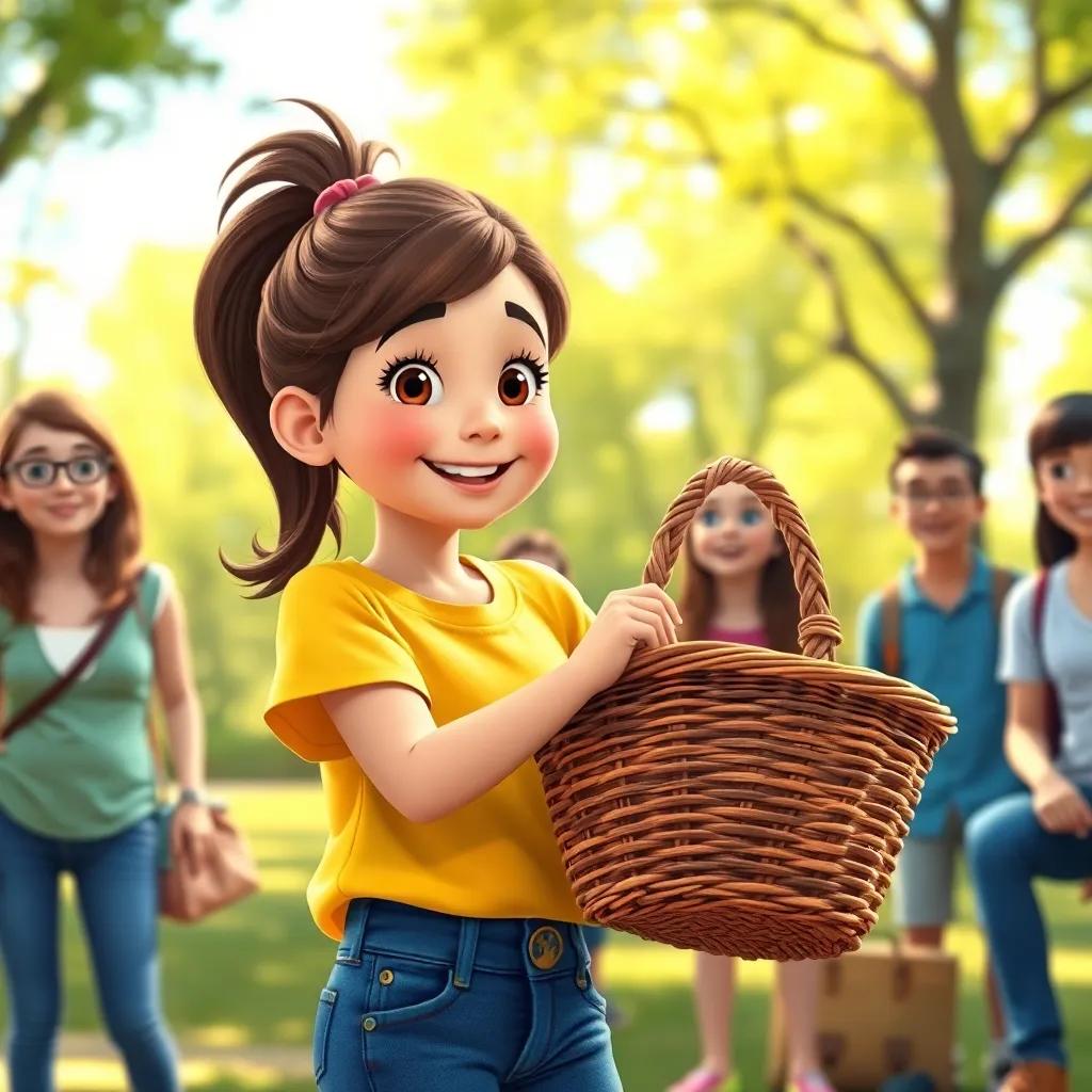 Clara, a young girl with brown hair tied in a ponytail, wearing a bright yellow shirt and blue jeans, smiling excitedly as she holds a picnic basket, surrounded by friends in a sunny park, cheerful atmosphere, digital art, vibrant colors, high quality