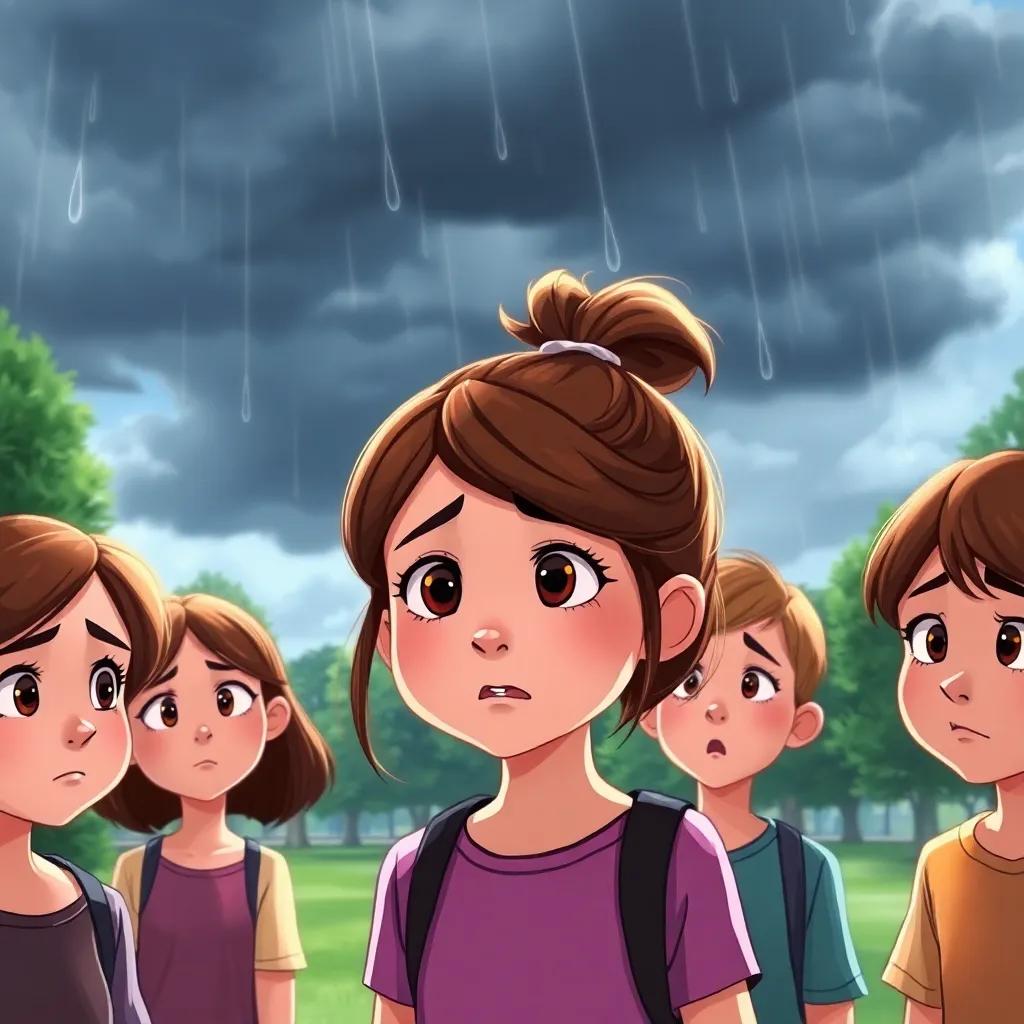 Clara, a young girl with brown hair tied in a ponytail, looking worried with her friends as dark clouds gather above, with a few drops of rain falling, the park behind them, concerned expressions, illustration, dramatic lighting, high quality