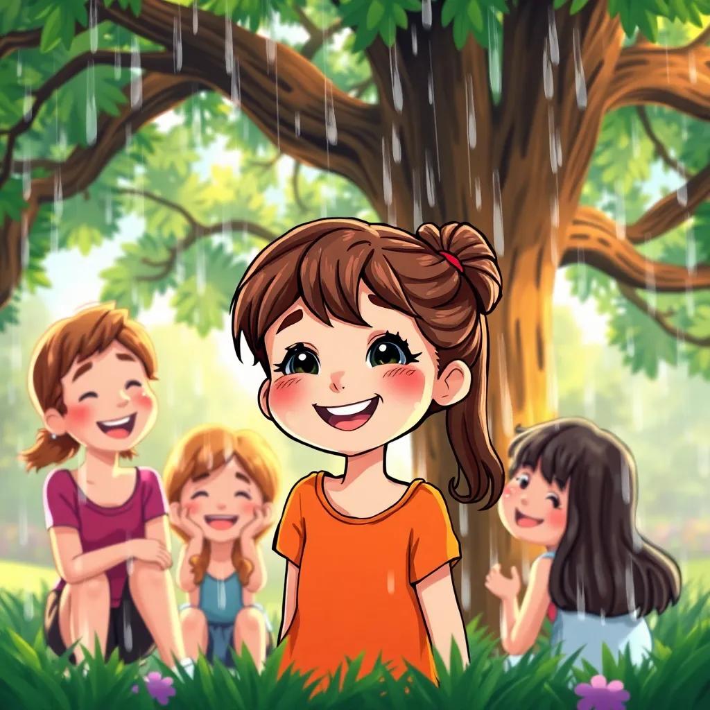 Clara, a young girl with brown hair tied in a ponytail, laughing with friends under a big oak tree, all soaked but cheerful, raindrops falling down around them, playful atmosphere, illustration, vivid colors, high quality