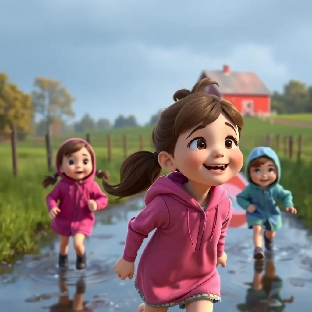 Clara, a young girl with brown hair tied in a ponytail, spotting a bright red barn in the distance with her friends, running through puddles in colorful raincoats, joyful expressions, digital art, lively, high quality