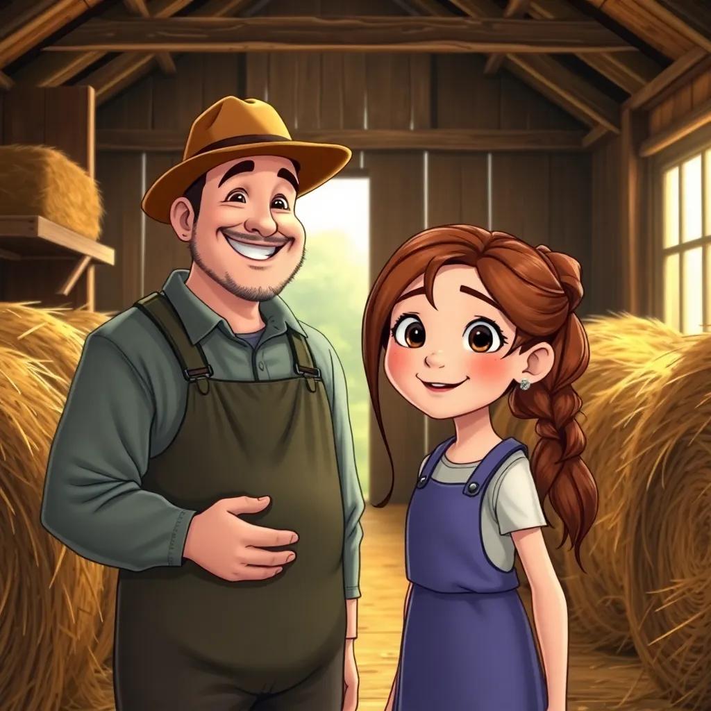Clara, a young girl with brown hair tied in a ponytail, inside an old barn with a farmer smiling at them, surrounded by hay bales, wet clothes and cheerful atmosphere, illustration, warm light, high quality
