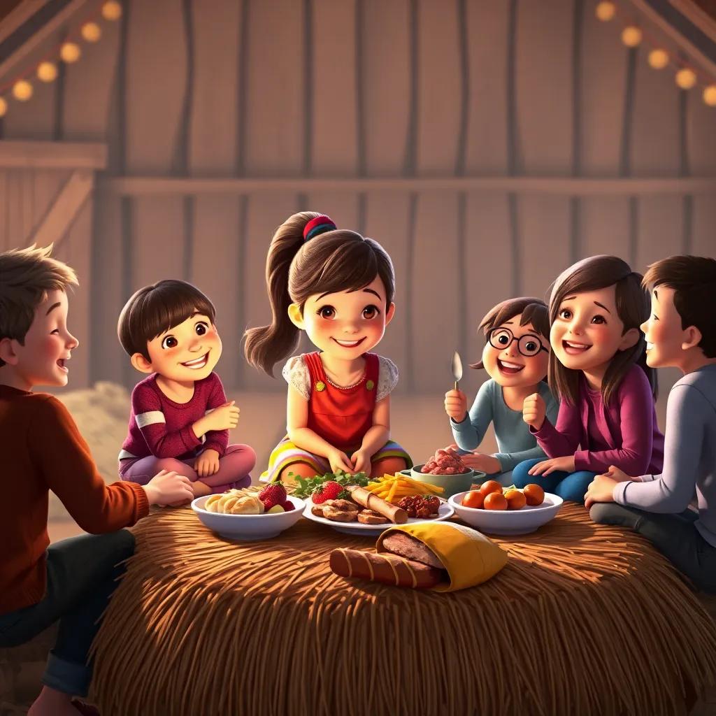 Clara, a young girl with brown hair tied in a ponytail, sitting on a hay bale with her friends laughing, delicious food spread out before them, cozy barn backdrop, joyful scene, digital art, warm colors, high quality
