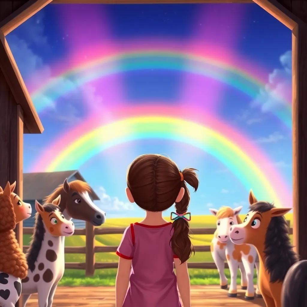Clara, a young girl with brown hair tied in a ponytail, staring in awe at a beautiful rainbow outside the barn with her friends, bright colors filling the sky, excited expressions, illustration, vibrant, high quality