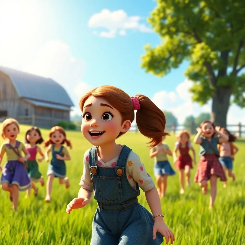 Clara, a young girl with brown hair tied in a ponytail, playing tag with her friends in a green field near the barn, everyone laughing and having fun, bright sunny sky, energetic atmosphere, digital art, bright colors, high quality