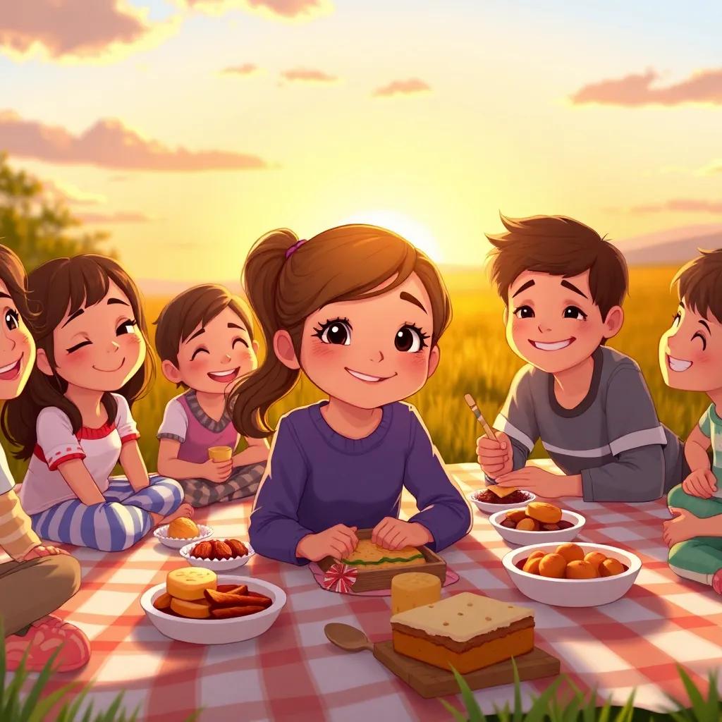 Clara, a young girl with brown hair tied in a ponytail, enjoying a picnic at sunset with her friends, smiles all around, delicious treats spread on a blanket, warm golden light, illustration, heartwarming, high quality