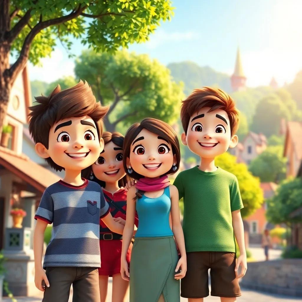 Three friends, Leo, Mia, and Sam, standing together in a bright village with green trees and colorful houses, smiling excitedly, digital art, cheerful atmosphere, warm sunlight, vibrant colors, friendly perspective, high quality