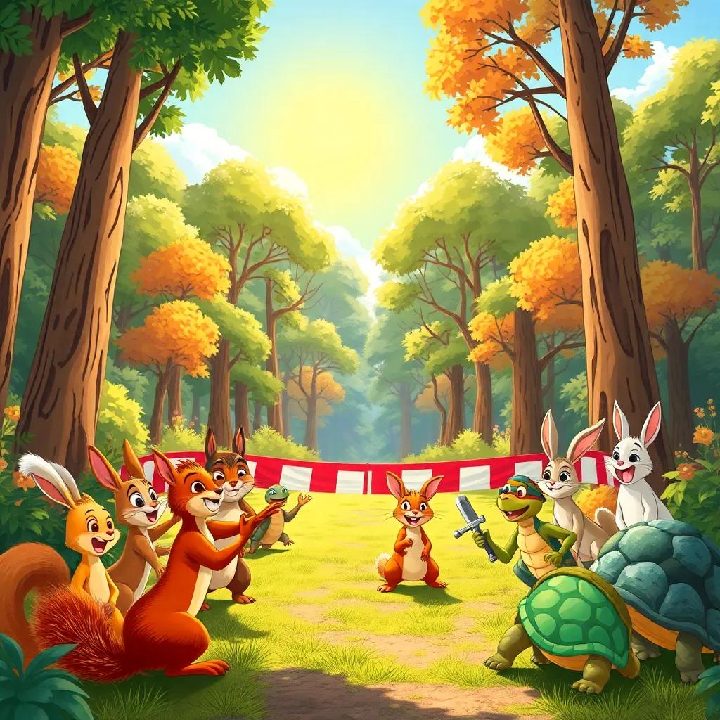 A sunny forest with trees all around, woodland creatures like squirrels, rabbits, and turtles gathered excitedly near a starting line, vibrant colors, cheerful atmosphere, detailed illustration