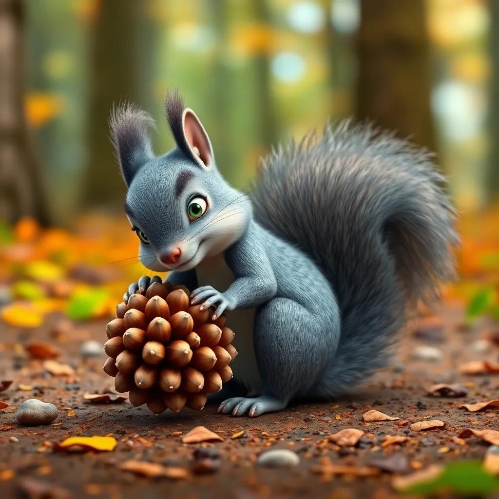 Gus the squirrel, a small gray squirrel with a fluffy tail, rolling a big pinecone across the forest floor, focused expression, colorful background, action shot