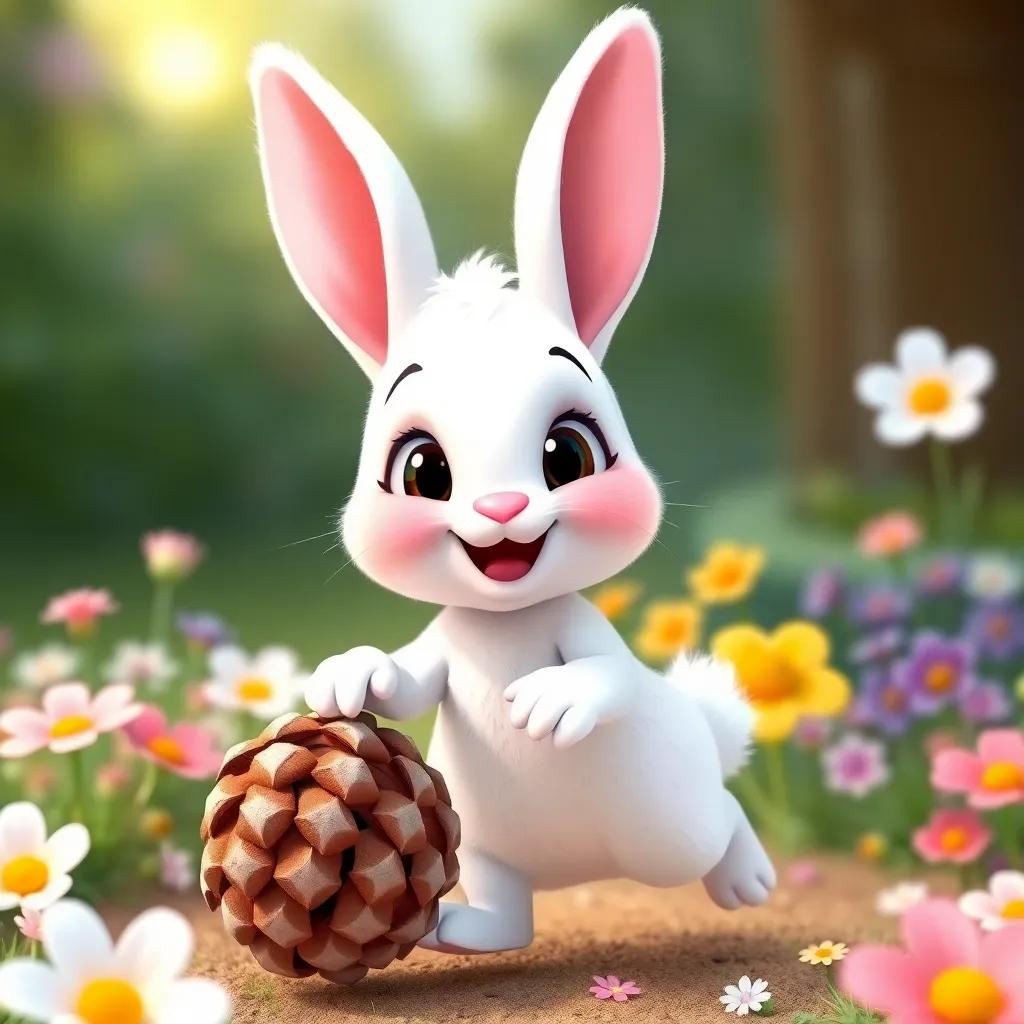 Lila the rabbit, a soft white rabbit with a bright pink nose, hopping happily with a round pinecone in front of her, surrounded by flowers, smiling widely, bright colors