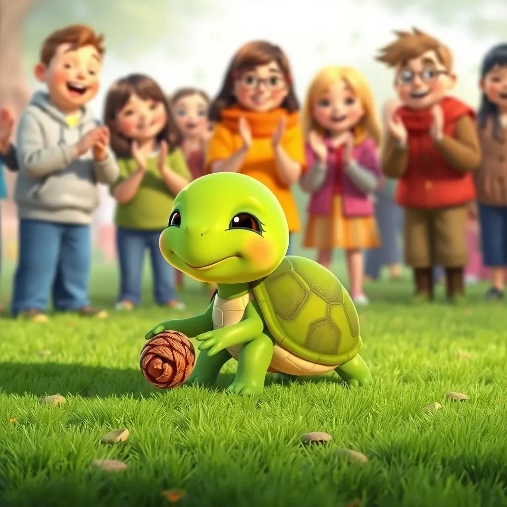 Tommy the turtle, a small green turtle with an encouraging smile, slowly rolling a tiny pinecone on the grass, friends cheering him on, supportive scene, heartwarming