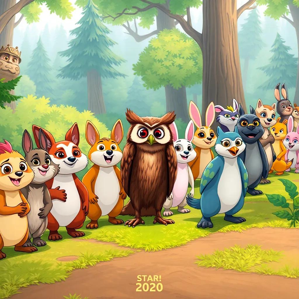 A bustling starting line with various woodland creatures lined up, looking excited and cheerful, the wise old owl counting down, vibrant forest scenery, engaging illustration