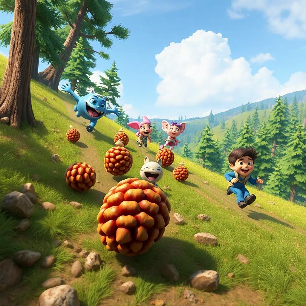 Pinecones rolling down a hill with various creatures in motion, Gus zooming ahead, Lila bouncing, and Tommy moving steadily, action-packed view, detailed and dynamic