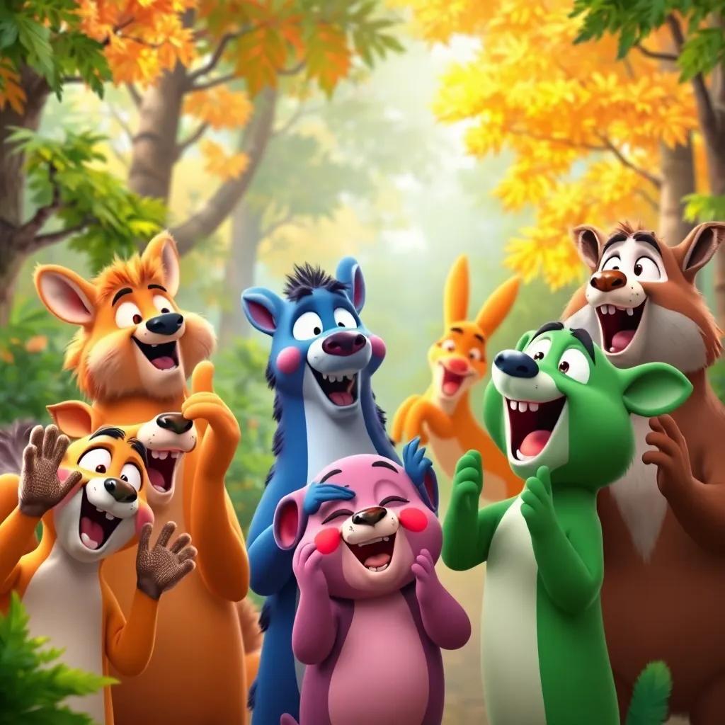 Animals cheering for each other, showing camaraderie and encouragement, colorful forest background, happy expressions, festive atmosphere