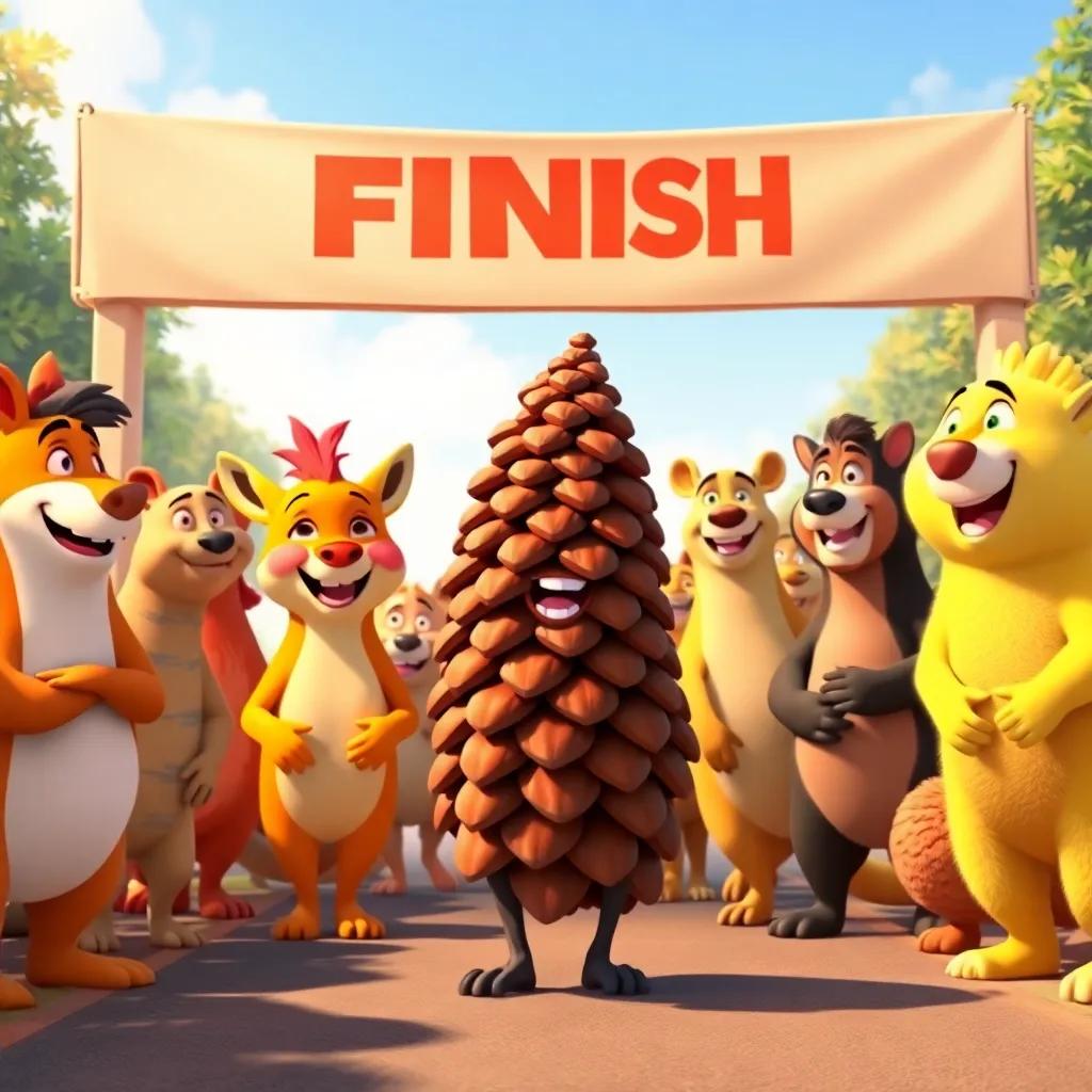 All animals gathered at the finish line with smiles and laughter, Gus's pinecone ahead, celebrating their friendship and teamwork, warm colors, joyful depiction