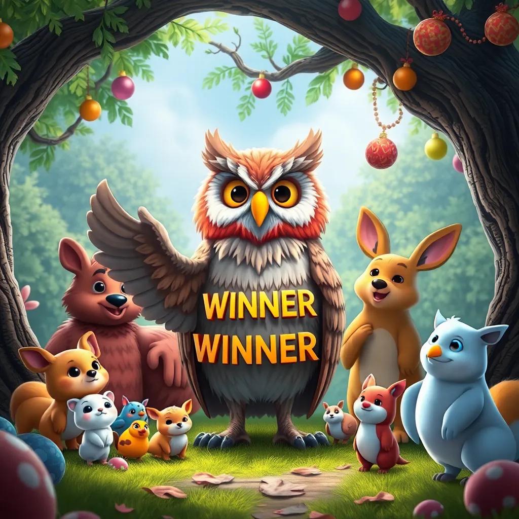 The wise old owl standing amidst woodland creatures, announcing them as winners, vibrant under the oak tree with decorations, magical and uplifting