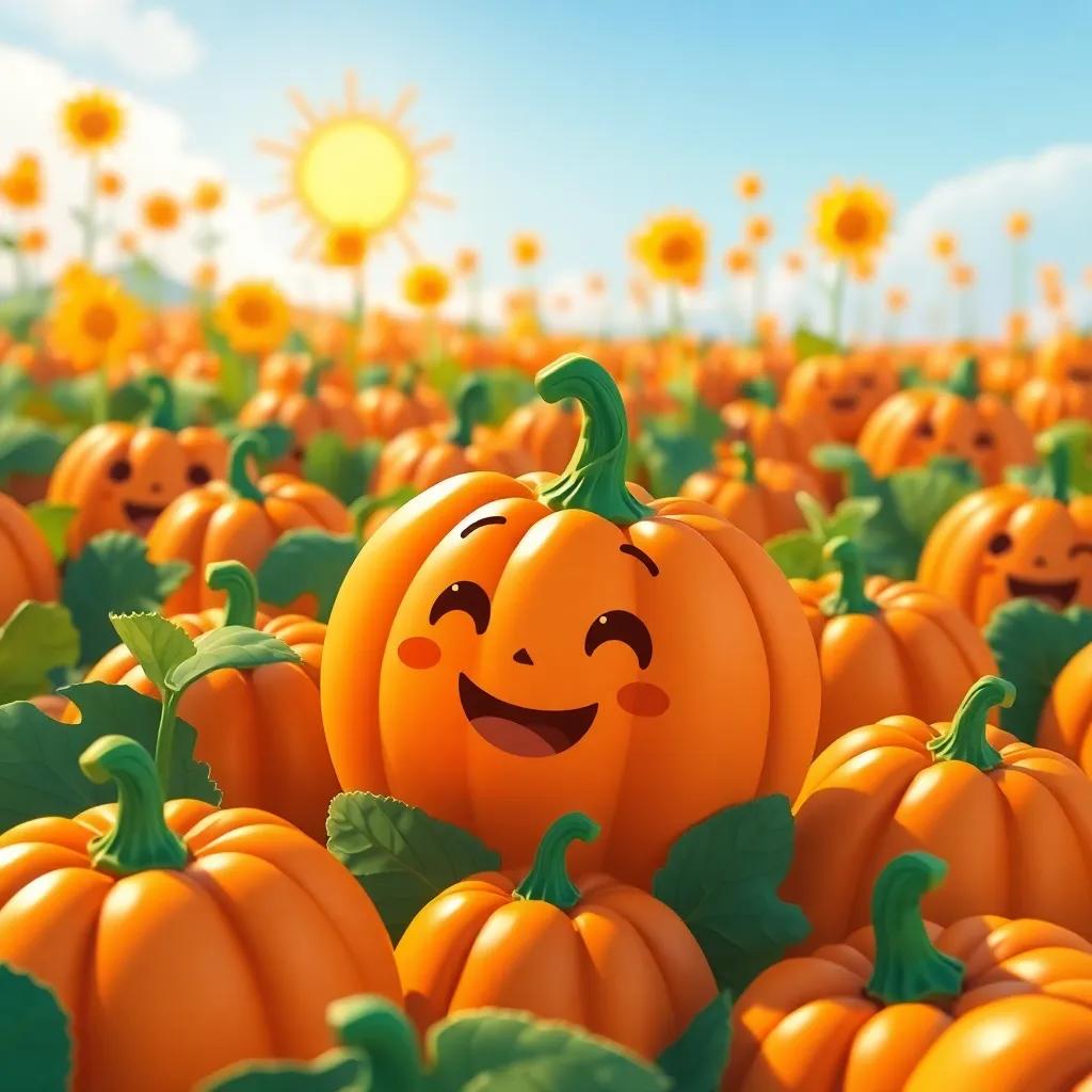 A sunny pumpkin patch with a little pumpkin named Polly, round and orange, with a green stem, surrounded by other giggling pumpkins, cheerful, vibrant colors, digital art, welcoming atmosphere, high quality