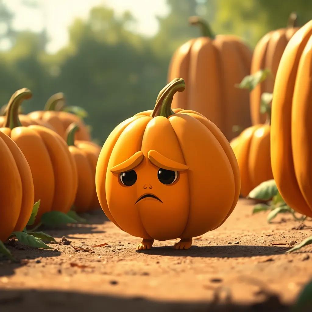 A sad little pumpkin named Polly, different from the tall pumpkins, rolling away from the patch with a determined look, soft sunlight, warm colors, high perspective, emotional