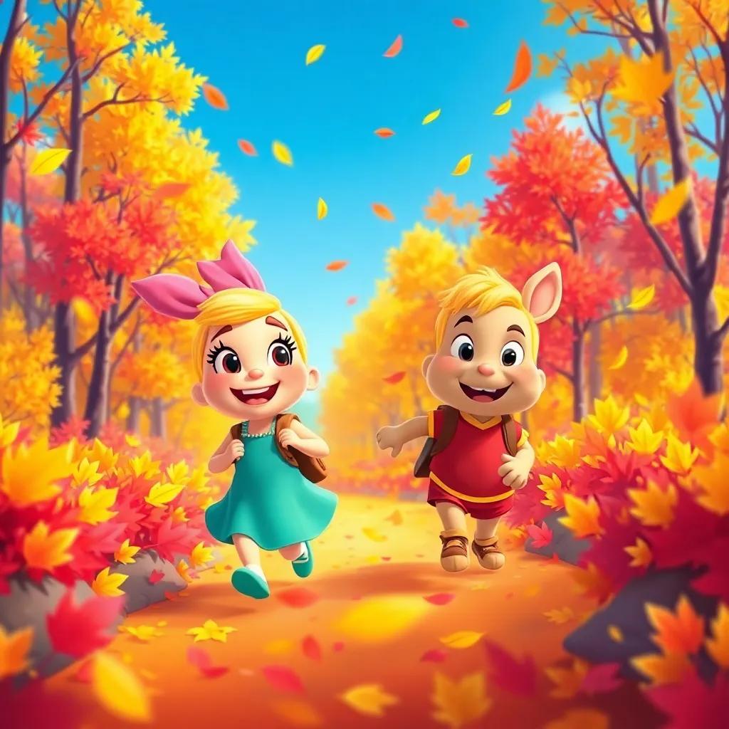 Polly and Sammy traveling through a colorful forest, bright yellow and red leaves falling around them, smiling and happy, vibrant colors, wide view, whimsical