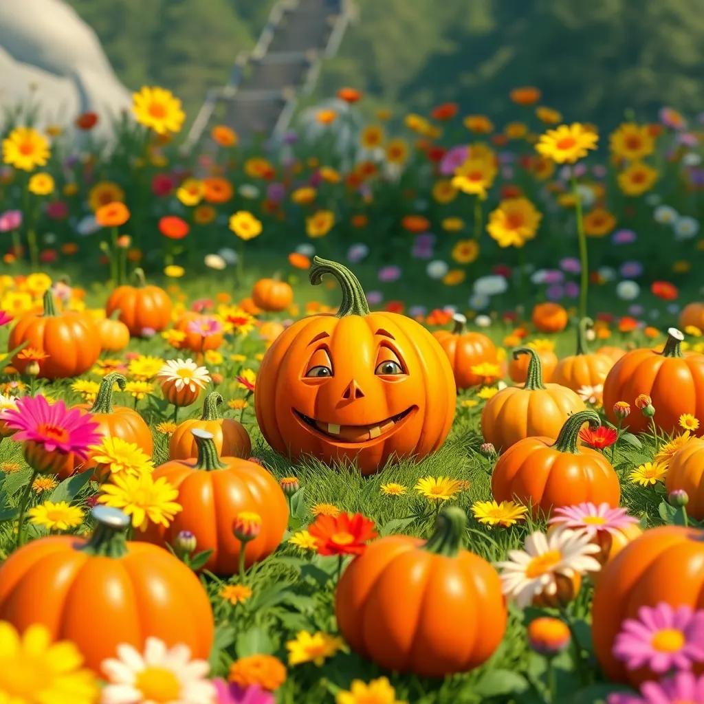 A beautiful meadow full of bright flowers and pumpkins of all shapes and sizes, including a funny-looking pumpkin named Pete with a crooked smile, cheerful atmosphere, colorful, vivid detail