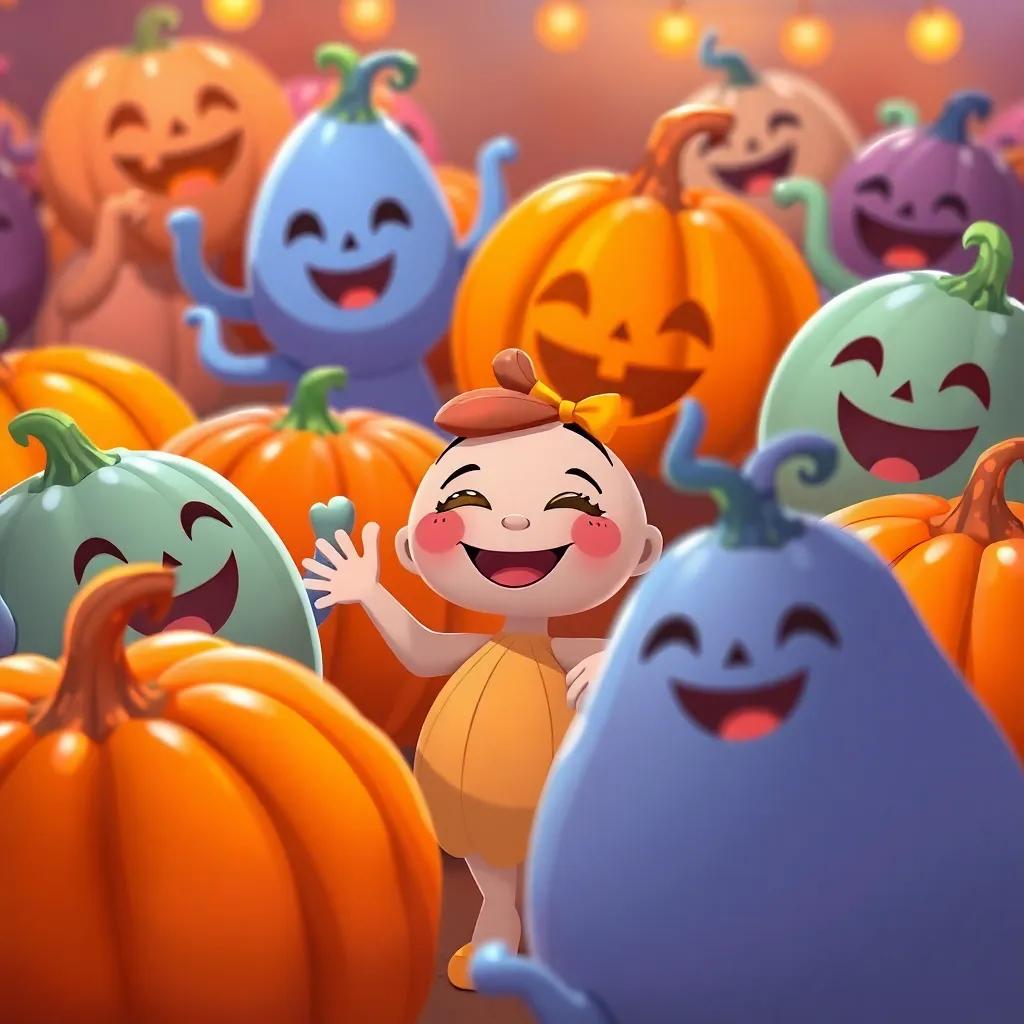 Polly smiling joyfully among other pumpkins, feeling happy, surrounded by friends with different shapes, all dancing together, vibrant, lively colors, festive mood